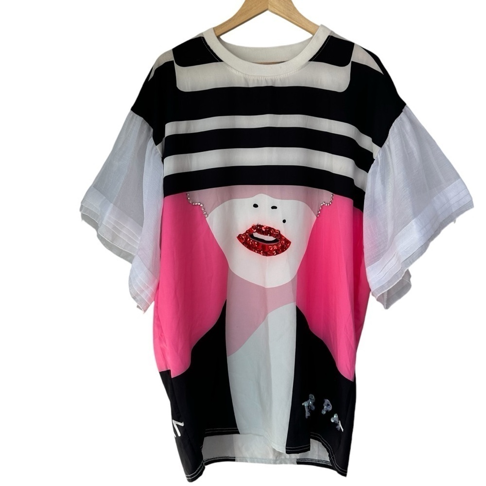 Bold Flutter Sleeve Stripe Red Sequin Lips Club D… - image 5